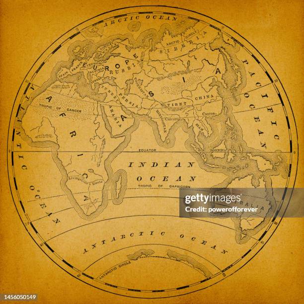 ilustraciones, imágenes clip art, dibujos animados e iconos de stock de mapa antiguo del hemisferio oriental en papel viejo - siglo 19 - eastern hemisphere