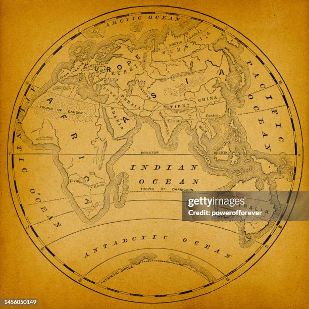 antique map of the eastern hemisphere on old paper - 19th century - eastern hemisphere stock illustrations