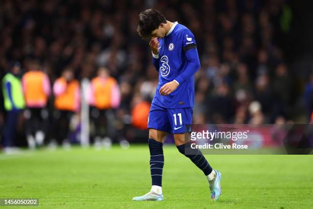 Joao Felix of Chelsea leaves the pitch after receiving a red card during the Premier League match between Fulham FC and Chelsea FC at Craven Cottage...