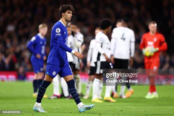 Joao Felix of Chelsea leaves the pitch after receiving a red card during the Premier League match between Fulham FC and Chelsea FC at Craven Cottage...