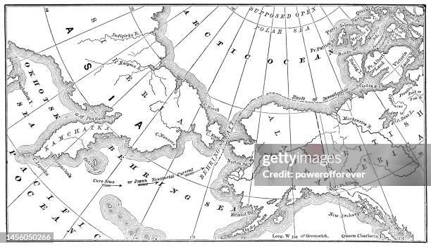 map of the bering strait and arctic ocean - 19th century - straits stock illustrations