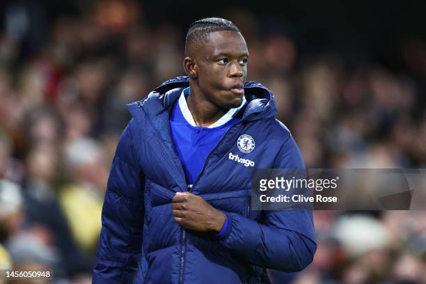 Denis Zakaria of Chelsea looks on as he is substituted off following an injury during the Premier League match between Fulham FC and Chelsea FC at...