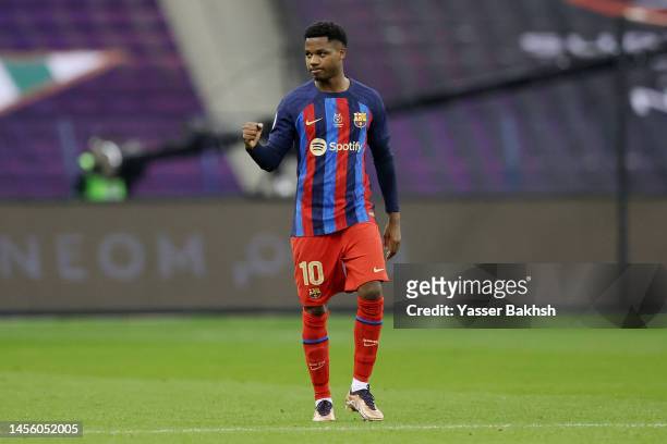 Ansu Fati of FC Barcelona celebrates after scoring the team's second goal during the Super Copa de España semi-final match between Real Betis and FC...
