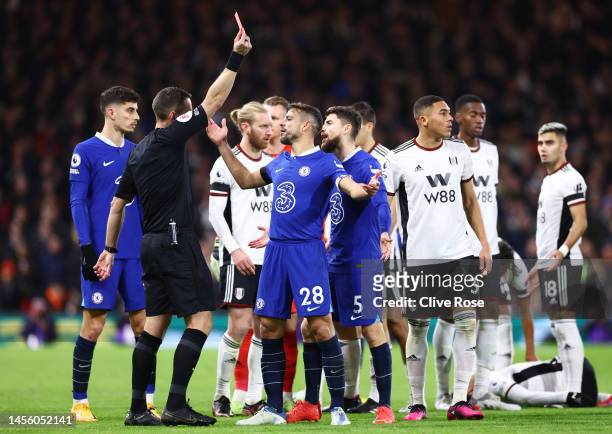 David Coote shows a red card to Joao Felix of Chelsea during the Premier League match between Fulham FC and Chelsea FC at Craven Cottage on January...
