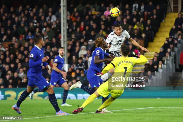 Carlos Vinicius of Fulham scores their sides second goal past Kepa Arrizabalaga of Chelsea during the Premier League match between Fulham FC and...