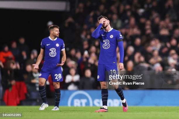 Mason Mount of Chelsea looks dejected after conceding their side's second goal during the Premier League match between Fulham FC and Chelsea FC at...