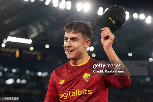 Paulo Dybala of AS Roma celebrates after scoring the team's first goal during the Coppa Italia Round of 16 match between AS Roma and Genoa CFC at...