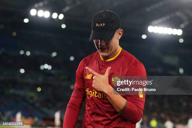 Aulo Dybala of AS Roma celebrates after scoring the team's first goal during the Coppa Italia Round of 16 match between AS Roma and Genoa CFC at...