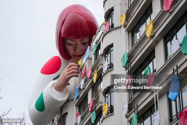 Yayoi Kusama sculpture is displayed on the top of the Louis Vuitton's Champs Elysees store, on January 12, 2023 in Paris, France. This Year the...