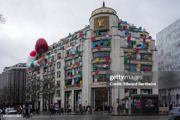 Yayoi Kusama sculpture is displayed on the top of the Louis Vuitton's Champs Elysees store, on January 12, 2023 in Paris, France. This Year the...