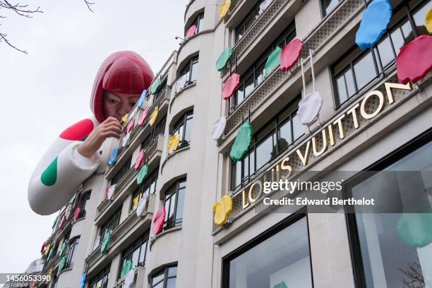 Yayoi Kusama sculpture is displayed on the top of the Louis Vuitton's Champs Elysees store, on January 12, 2023 in Paris, France. This Year the...