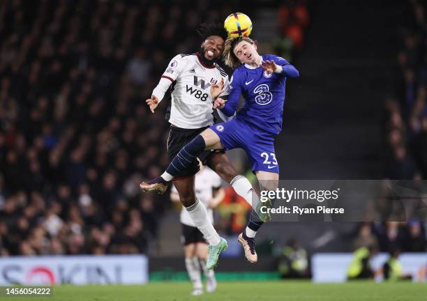 Conor Gallagher of Chelsea and Nathaniel Chalobah of Fulham compete for a header during the Premier League match between Fulham FC and Chelsea FC at...