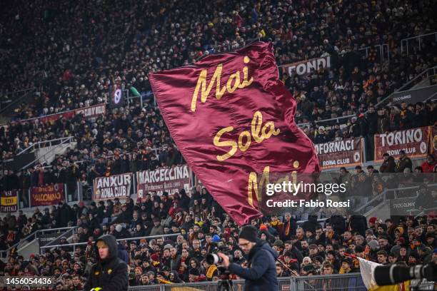Roma fans cheer their team during the Coppa Italia match between AS Roma and Genoa CFC at Stadio Olimpico on January 12, 2023 in Rome, Italy.
