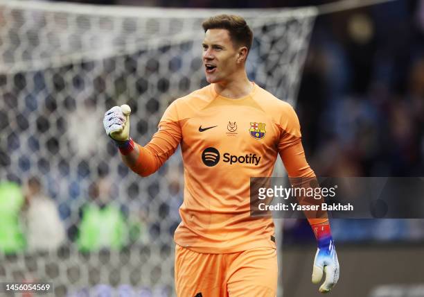 Marc-Andre ter Stegen of FC Barcelona celebrates after saving the third penalty from Juanmi of Real Betis in the penalty shoot out during the Super...