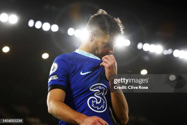 Cesar Azpilicueta of Chelsea looks dejected following the team's defeat in the Premier League match between Fulham FC and Chelsea FC at Craven...