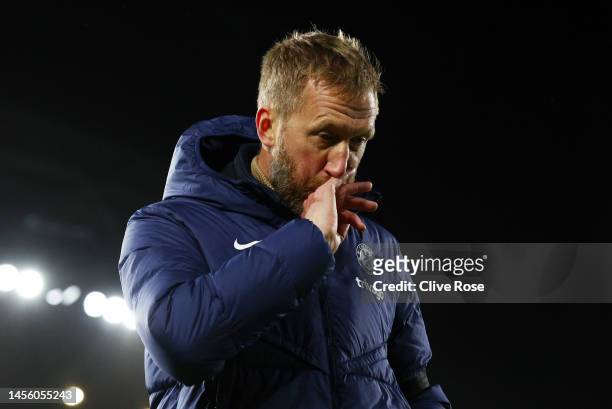 Graham Potter, Manager of Chelsea, looks dejected following the team's defeat in the Premier League match between Fulham FC and Chelsea FC at Craven...
