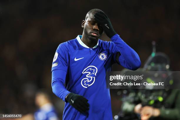 Kalidou Koulibaly of Chelsea looks dejected following the team's defeat in the Premier League match between Fulham FC and Chelsea FC at Craven...