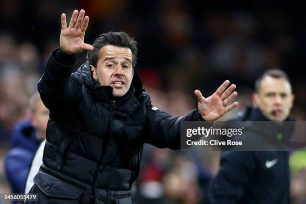 Marco Silva, Manager of Fulham, gestures during the Premier League match between Fulham FC and Chelsea FC at Craven Cottage on January 12, 2023 in...