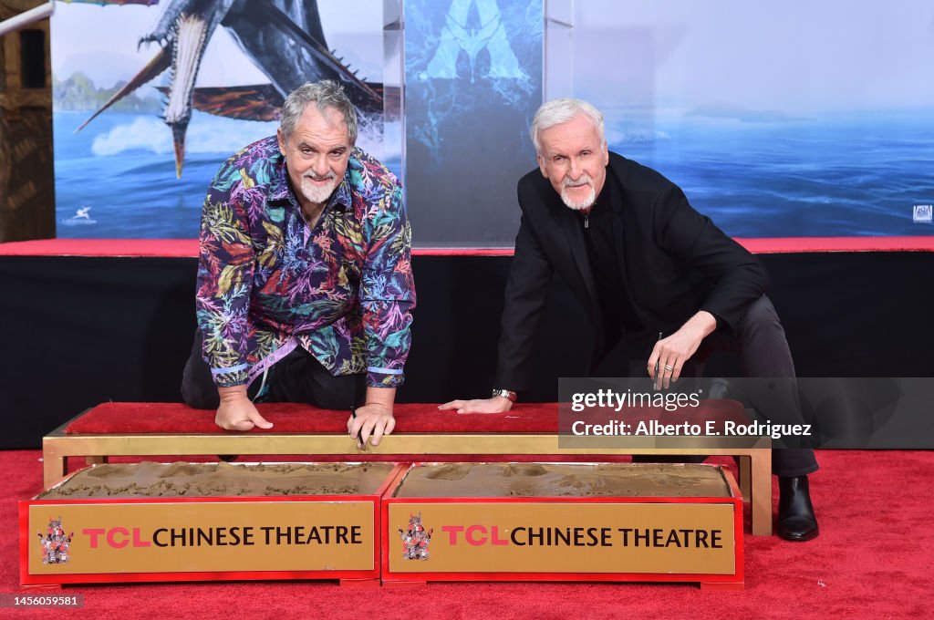 Handprints And Footprints Ceremony Honoring "Avatar: The Way Of Water" Filmmakers James Cameron And Jon Landau