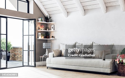 Scandinavian-style attic living room - a side view