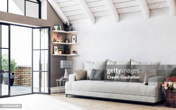 scandinavian-style attic living room - a side view - sunny side stock pictures, royalty-free photos & images