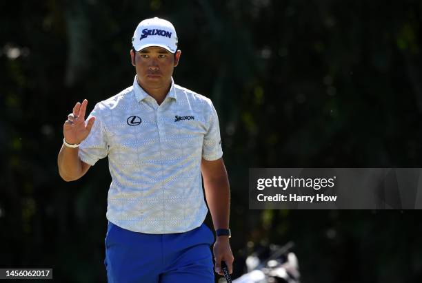 Hideki Matsuyama of Japan reacts to a birdie on the first green during the first round of the Sony Open in Hawaii at Waialae Country Club on January...