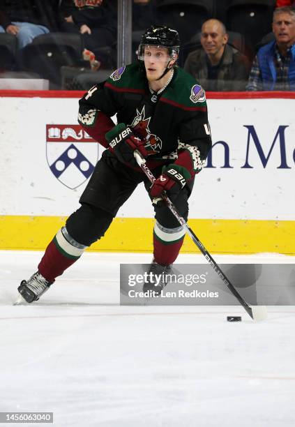 Juuso Valimaki of the Arizona Coyotes skates the puck against the Philadelphia Flyers at the Wells Fargo Center on January 5, 2023 in Philadelphia,...