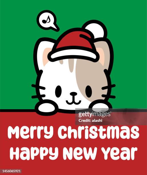 ilustrações de stock, clip art, desenhos animados e ícones de a cute cat wearing a santa hat holds a sign and wishes you a merry christmas and a happy new year - cat food