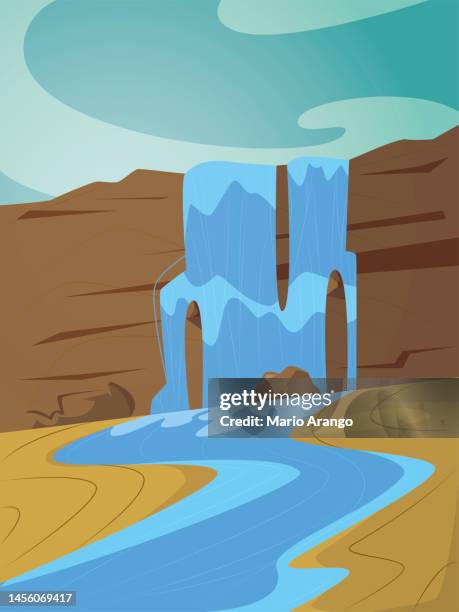 illustration of great mountains evoking a beautiful blue river - water fall rock stock illustrations
