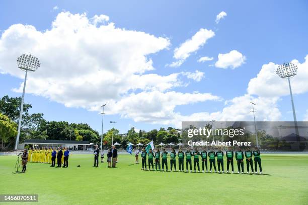 The teams line up for the national anthem ahead of the women's international tour match between the Governor-General's XI and Pakistan at Allan...