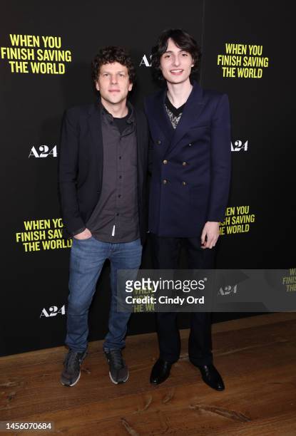 Jesse Eisenberg and Finn Wolfhard attend the screening of "When You Finish Saving The World" at Crosby Street Hotel on January 12, 2023 in New York...