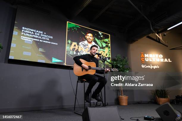 Singer and guitarist Funambulista presents "Animal" at El Corte Ingles on January 12, 2023 in Madrid, Spain.