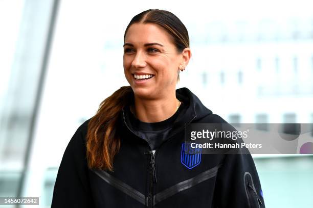 Alex Morgan is interviewed by media during a USA National Womens Team player training camp at The Cloud on January 13, 2023 in Auckland, New Zealand.