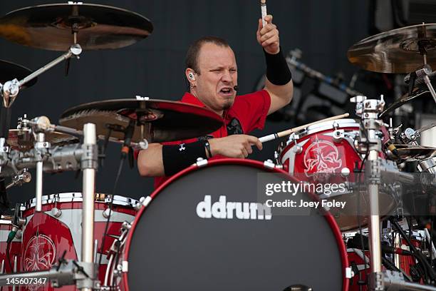 Drummer Joey Dandeneau of Canadian rock band Theory of a Deadman performs live during the 2012 Rock On The Range festival at Crew Stadium on May 19,...