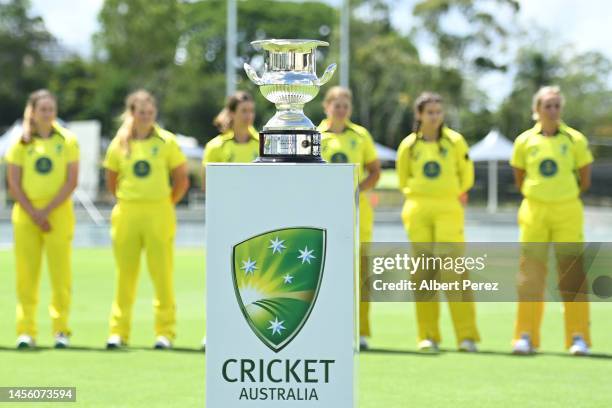 General view is seen of the trophy during the women's international tour match between the Governor-General's XI and Pakistan at Allan Border Field...