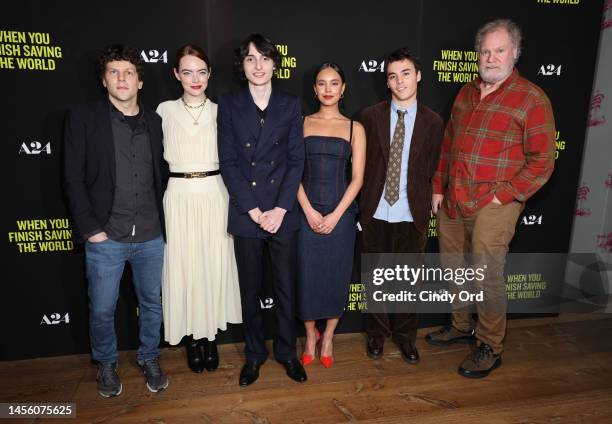 Jesse Eisenberg, Emma Stone, Finn Wolfhard, Alisha Boe, Billy Bryk and Jay O. Sanders attend the screening of "When You Finish Saving The World" at...