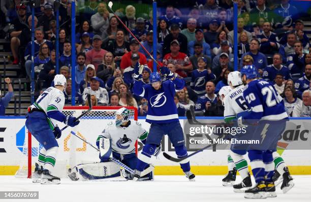 Corey Perry of the Tampa Bay Lightning celebrates a goal in the first period during a game against the Vancouver Canucks at Amalie Arena on January...