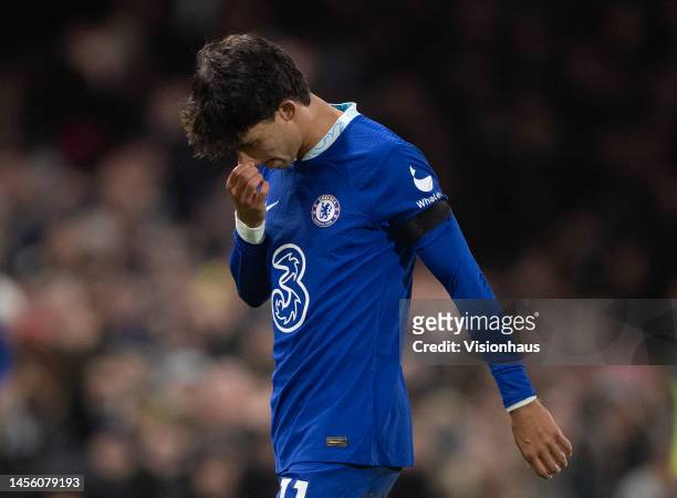 Joao Felix of Chelsea reacts after being sent off during the Premier League match between Fulham FC and Chelsea FC at Craven Cottage on January 12,...