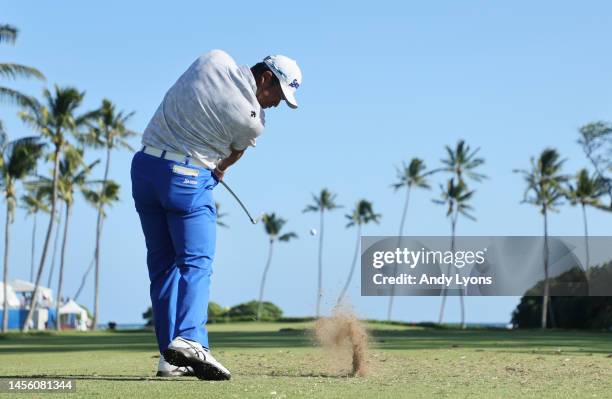 Hideki Matsuyama of Japan plays his shot from the 11th tee during the first round of the Sony Open in Hawaii at Waialae Country Club on January 12,...