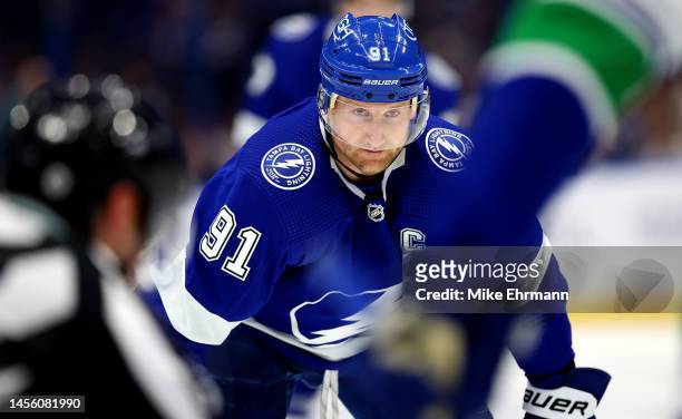 Steven Stamkos of the Tampa Bay Lightning looks on during a game against the Vancouver Canucks at Amalie Arena on January 12, 2023 in Tampa, Florida.