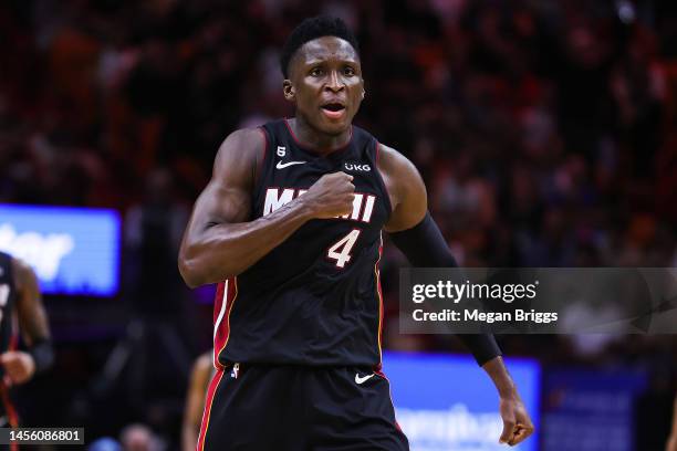 Victor Oladipo of the Miami Heat reacts during the fourth quarter against the Milwaukee Bucks at the Miami-Dade County arena on January 12, 2023 in...