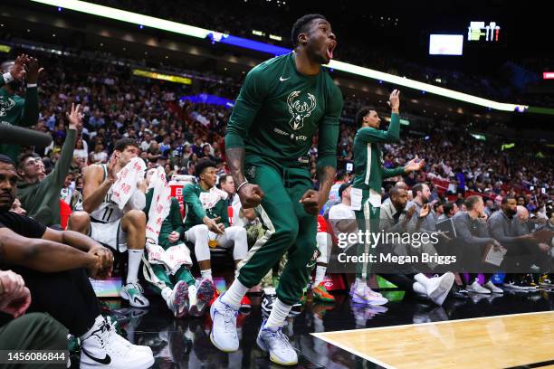 Thanasis Antetokounmpo of the Milwaukee Bucks reacts during the third quarter against the Miami Heat at the Miami-Dade County arena on January 12,...