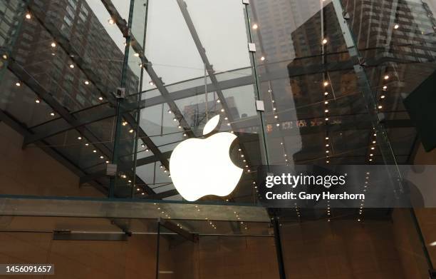 An Apple logo hangs inside their retail store on Broadway on January 10 in New York City.