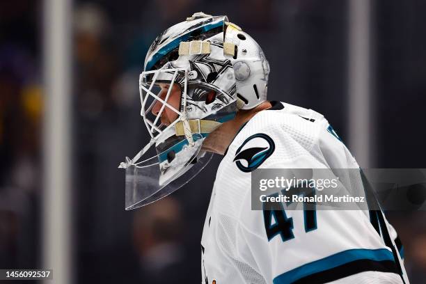 James Reimer of the San Jose Sharks in goal against the Los Angeles Kings in the second period at Crypto.com Arena on January 11, 2023 in Los...