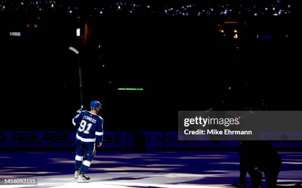 Steven Stamkos of the Tampa Bay Lightning looks on after the game against the Vancouver Canucks at Amalie Arena on January 12, 2023 in Tampa, Florida.