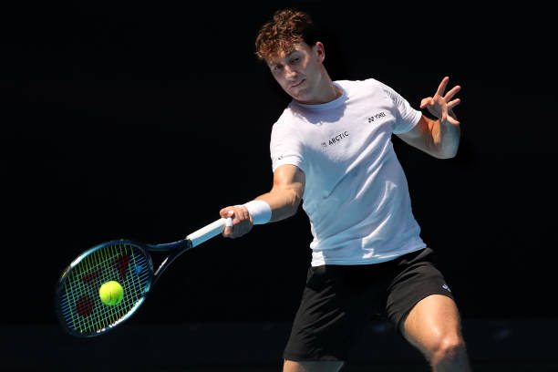 Casper Ruud of Norway plays a forehand during a practice session ahead of the 2023 Australian Open at Melbourne Park on January 13, 2023 in...