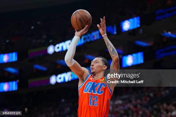 Lindy Waters III of the Oklahoma City Thunder shoots the ball against the Philadelphia 76ers at the Wells Fargo Center on January 12, 2023 in...