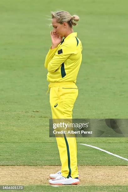 Ashleigh Gardner of the Governor-General's XI react during the women's international tour match between the Governor-General's XI and Pakistan at...