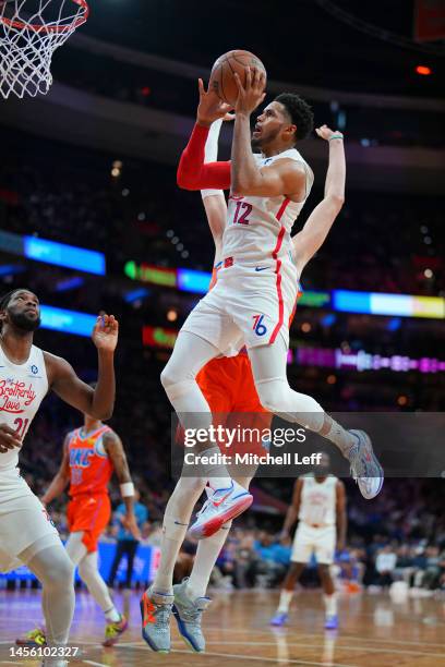 Tobias Harris of the Philadelphia 76ers shoots the ball against the Oklahoma City Thunder at the Wells Fargo Center on January 12, 2023 in...