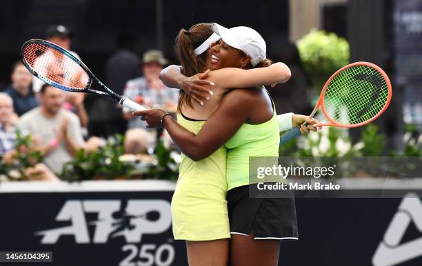Luisa Stefani of Brazil celebrates winning the match with Taylor Townsend of USA in their doubles match against Anastasia Pavlyuchenkova and Elena...